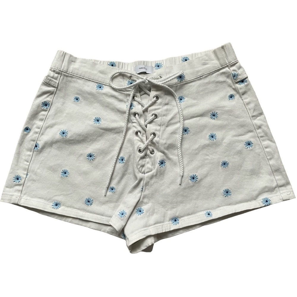 Women's White Lace-Up Shorts with Blue Floral Pattern
